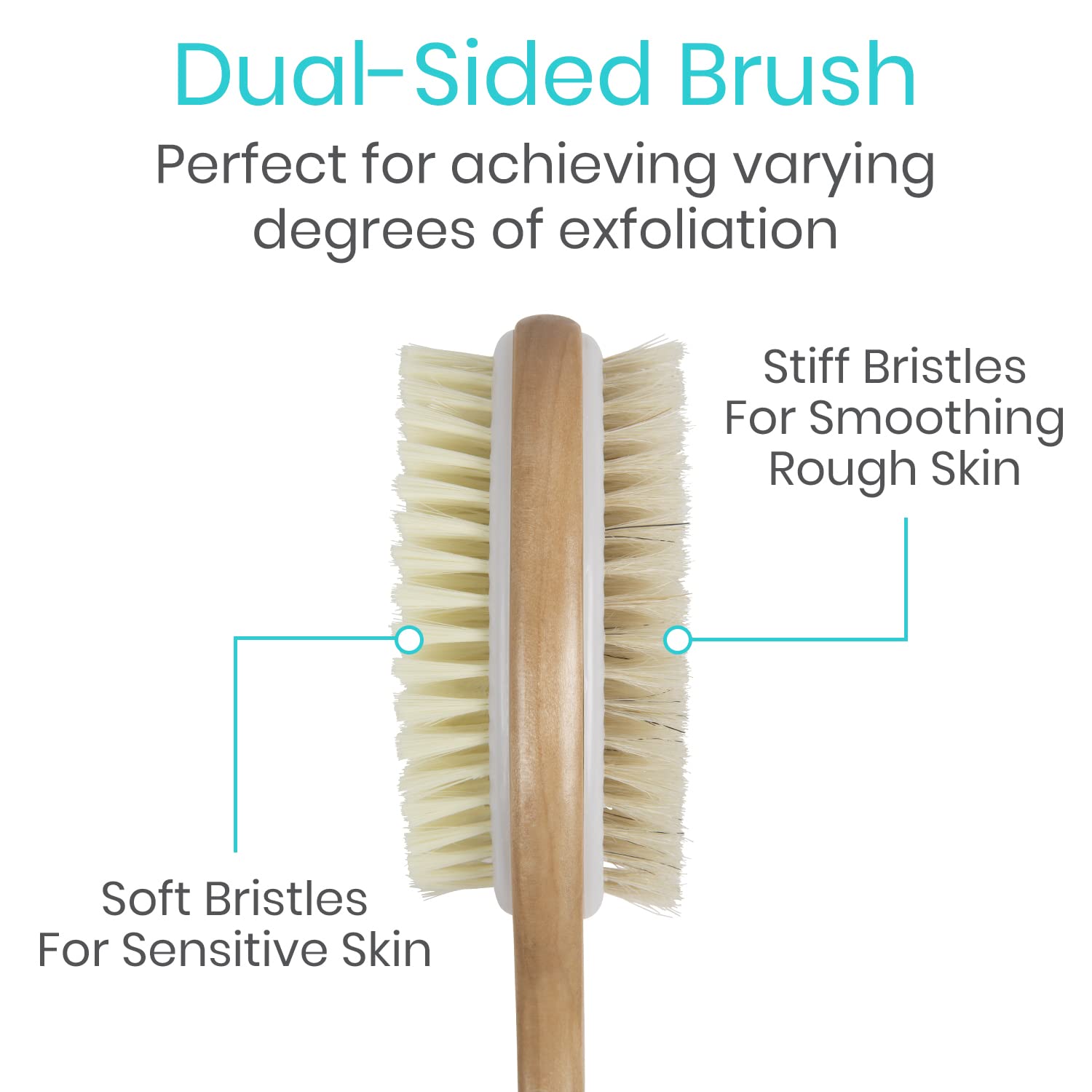 Vive Shower Brush - Dry Skin Body Exfoliator - Shower and Bath Scrubber For Wash Brushing, Exfoliating, Cellulite, Foot Scrub, Leg Exfoliant w/Soft and Stiff Massage Bristles - Wooden Long Handle